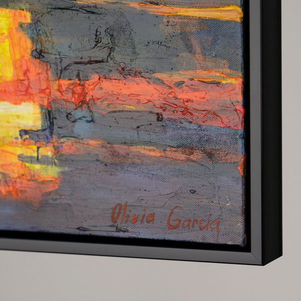 The painting "The Lights of Sunset" is a cityscape in the style of impressionism