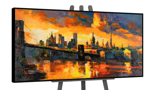 The painting "The Lights of Sunset" is a cityscape in the style of impressionism