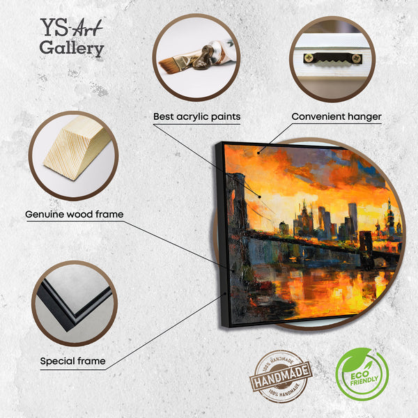 The painting "The Lights of Sunset" is a cityscape in the style of impressionism