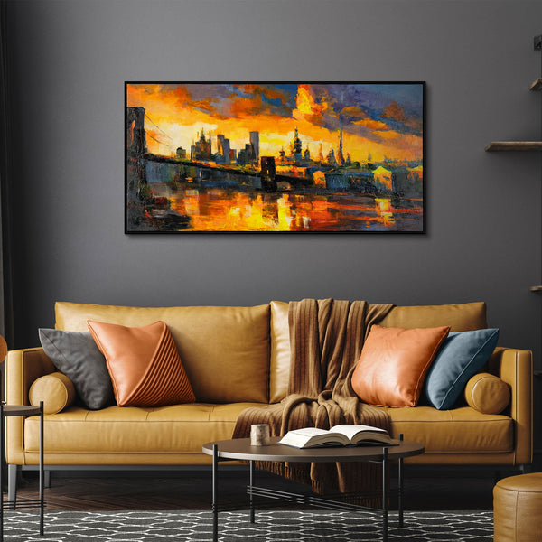 The painting "The Lights of Sunset" is a cityscape in the style of impressionism