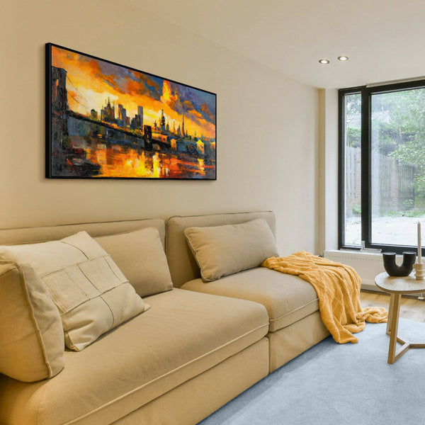 The painting "The Lights of Sunset" is a cityscape in the style of impressionism