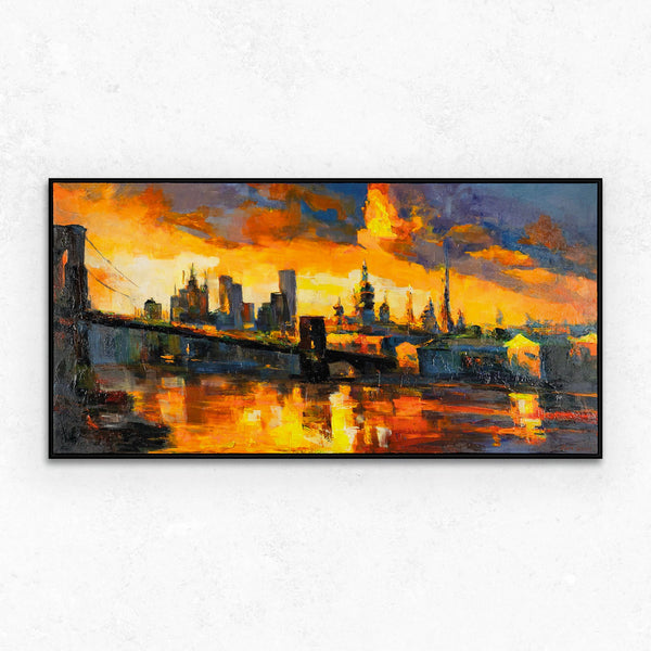 The painting "The Lights of Sunset" is a cityscape in the style of impressionism