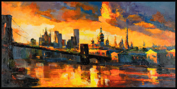 The painting "The Lights of Sunset" is a cityscape in the style of impressionism