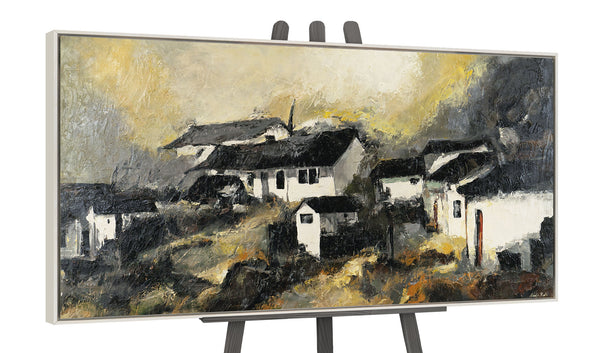The painting "The Silence of a Mountain Village" is an atmospheric landscape in a muted palette