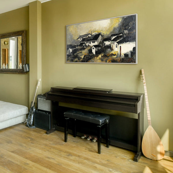 The painting "The Silence of a Mountain Village" is an atmospheric landscape in a muted palette