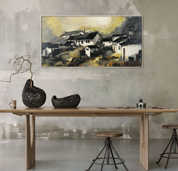 The painting "The Silence of a Mountain Village" is an atmospheric landscape in a muted palette