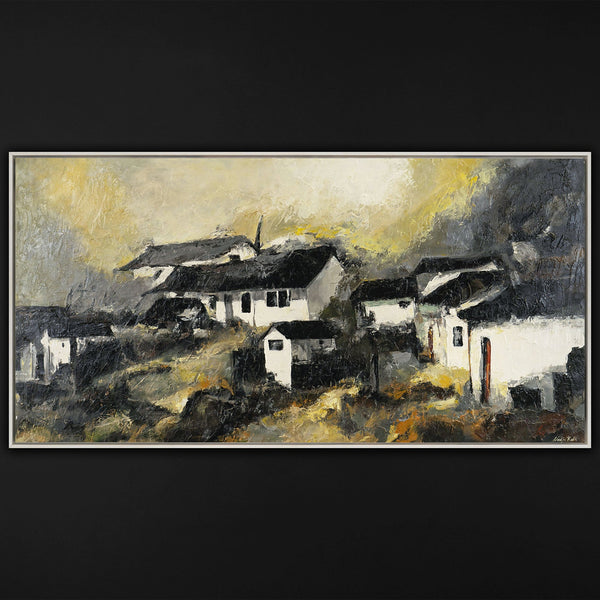 The painting "The Silence of a Mountain Village" is an atmospheric landscape in a muted palette