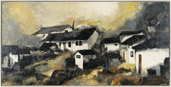 The painting "The Silence of a Mountain Village" is an atmospheric landscape in a muted palette
