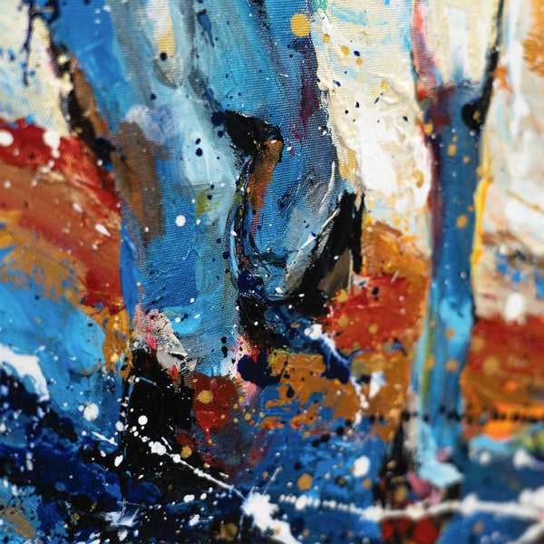 The painting "Two Running" is a dynamic plot with horses in a bright palette