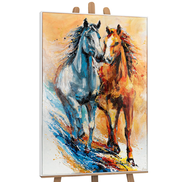 The painting "Two Running" is a dynamic plot with horses in a bright palette