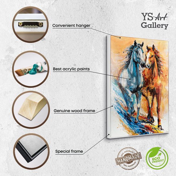 The painting "Two Running" is a dynamic plot with horses in a bright palette
