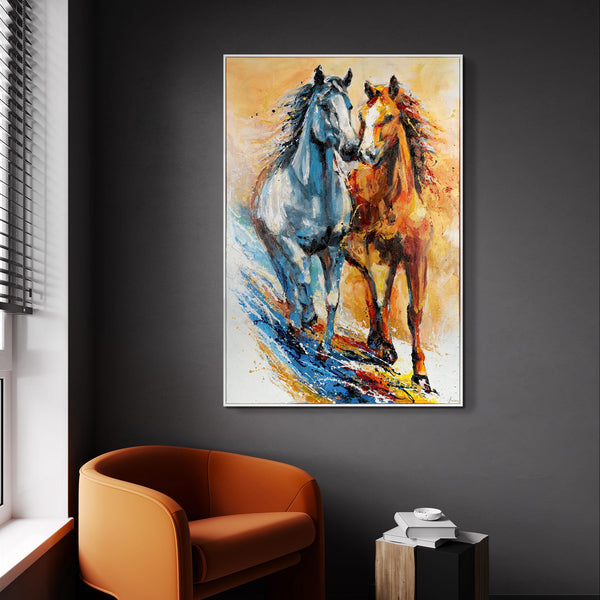 The painting "Two Running" is a dynamic plot with horses in a bright palette