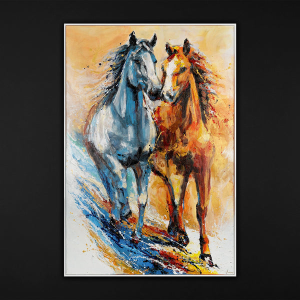 The painting "Two Running" is a dynamic plot with horses in a bright palette