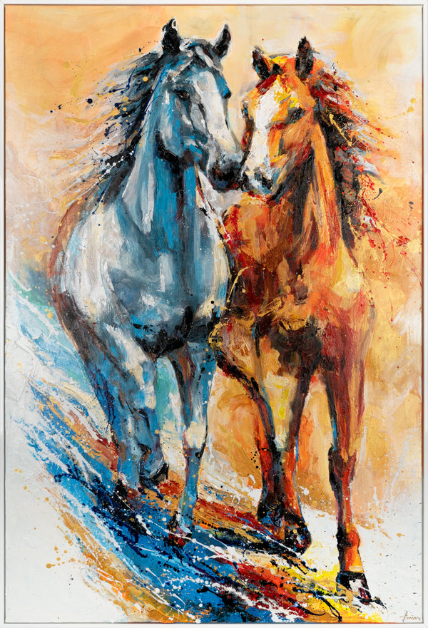 The painting "Two Running" is a dynamic plot with horses in a bright palette