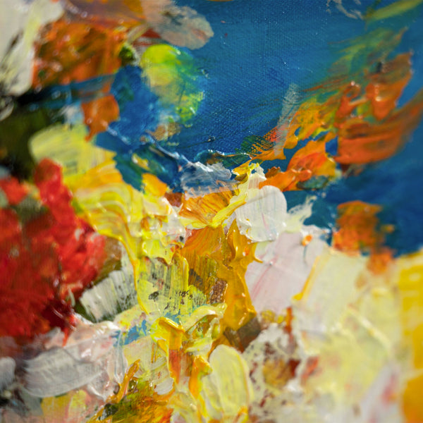 The painting "Flowers over the Sea" is an impressionistic still life with sunset light