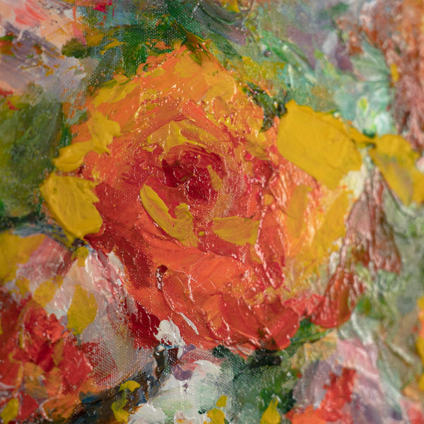 The painting "Flowers over the Sea" is an impressionistic still life with sunset light