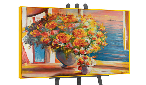 The painting "Flowers over the Sea" is an impressionistic still life with sunset light