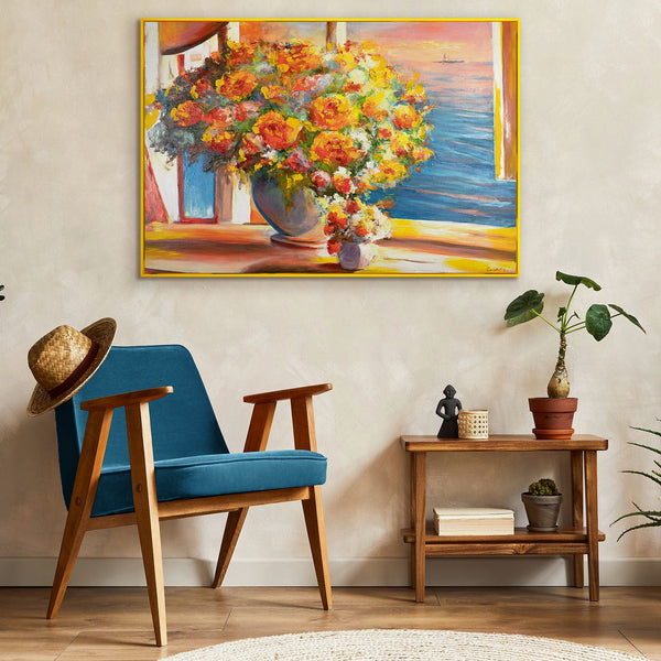 The painting "Flowers over the Sea" is an impressionistic still life with sunset light