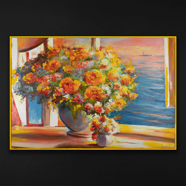 The painting "Flowers over the Sea" is an impressionistic still life with sunset light