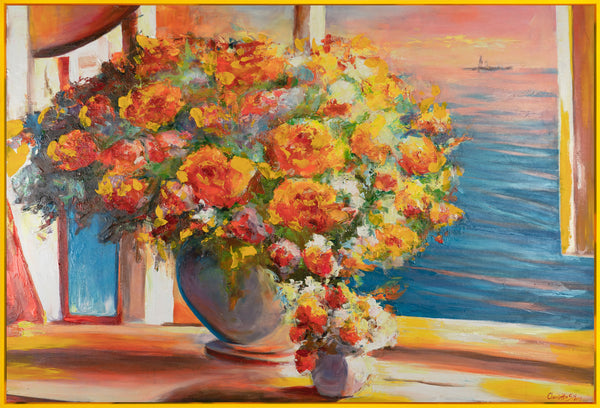 The painting "Flowers over the Sea" is an impressionistic still life with sunset light