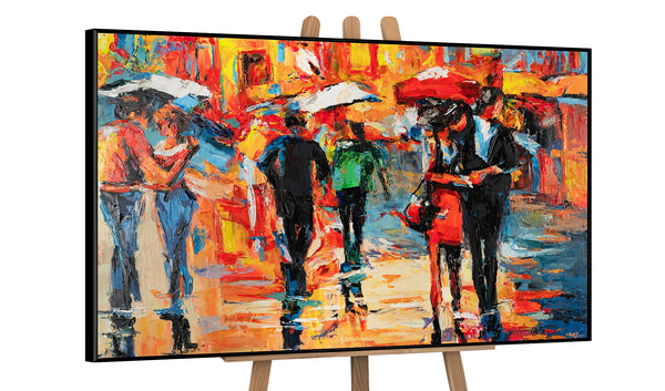 The painting "City in the Rain" is a vivid scene in the style of impressionism