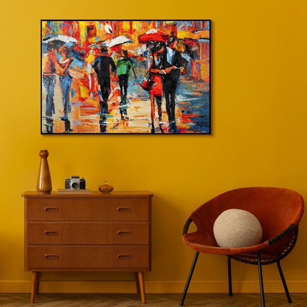 The painting "City in the Rain" is a vivid scene in the style of impressionism
