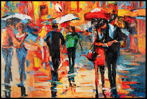 The painting "City in the Rain" is a vivid scene in the style of impressionism
