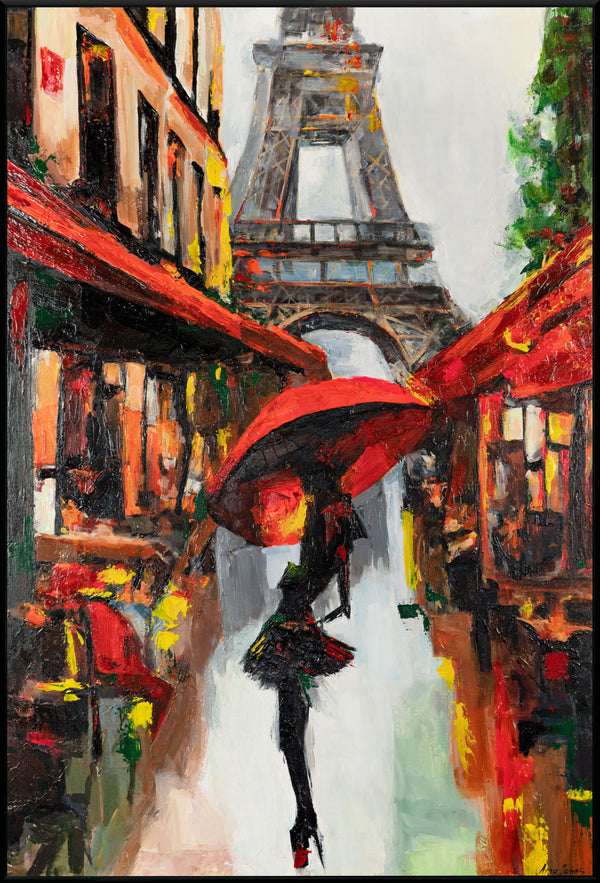 The painting "A Walk in Paris" is a romantic story with the Eiffel Tower