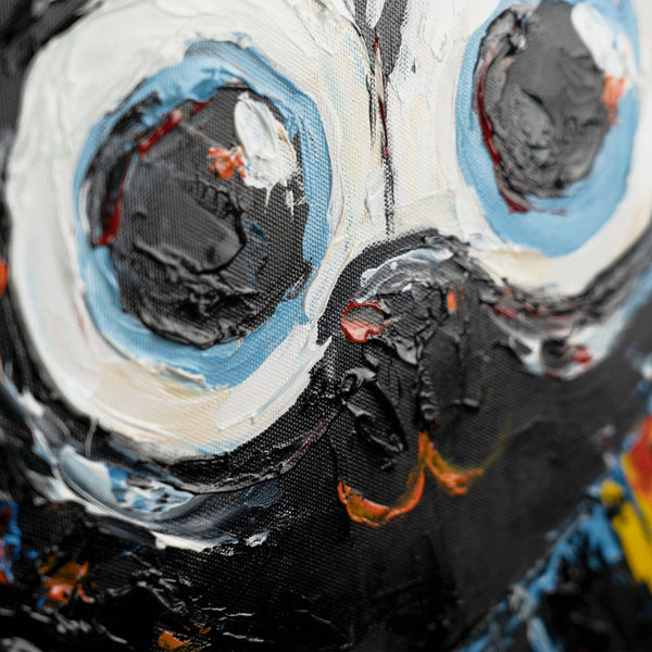 The painting "Three Characters" is a playful abstraction with cats