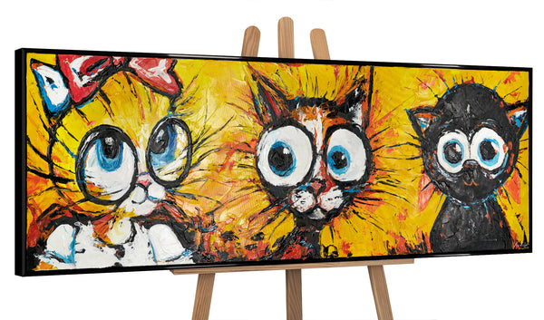The painting "Three Characters" is a playful abstraction with cats