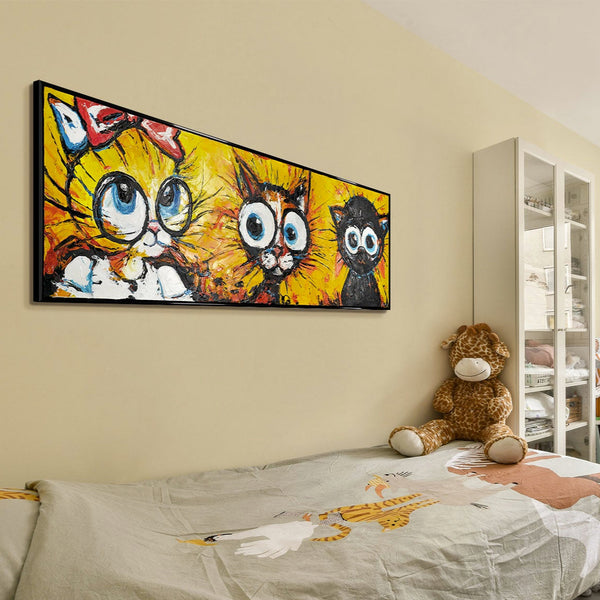 The painting "Three Characters" is a playful abstraction with cats