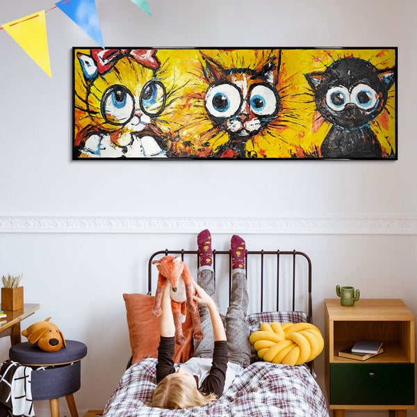 The painting "Three Characters" is a playful abstraction with cats