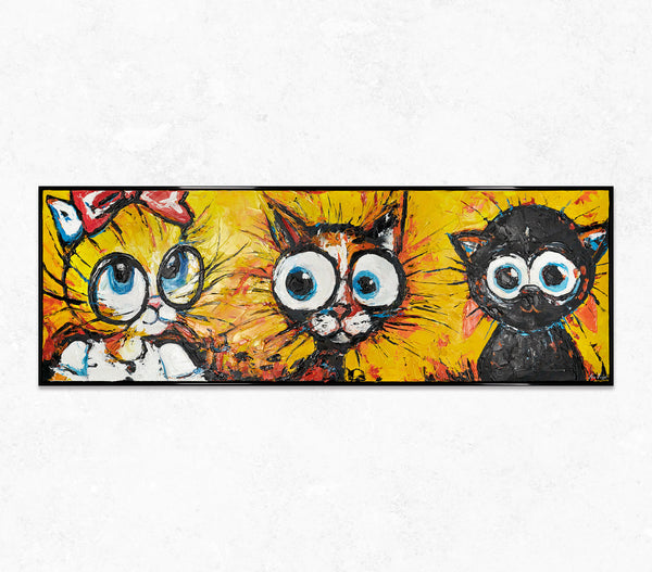 The painting "Three Characters" is a playful abstraction with cats