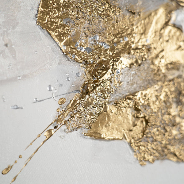 The painting "Minerals of Light" is an abstraction with gold and silver textures.
