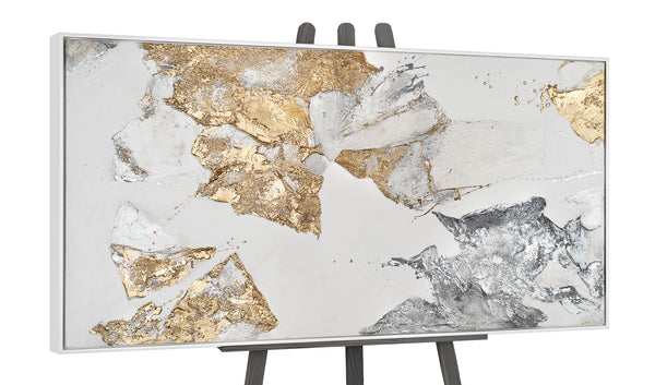 The painting "Minerals of Light" is an abstraction with gold and silver textures.