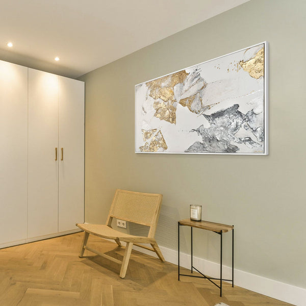 The painting "Minerals of Light" is an abstraction with gold and silver textures.