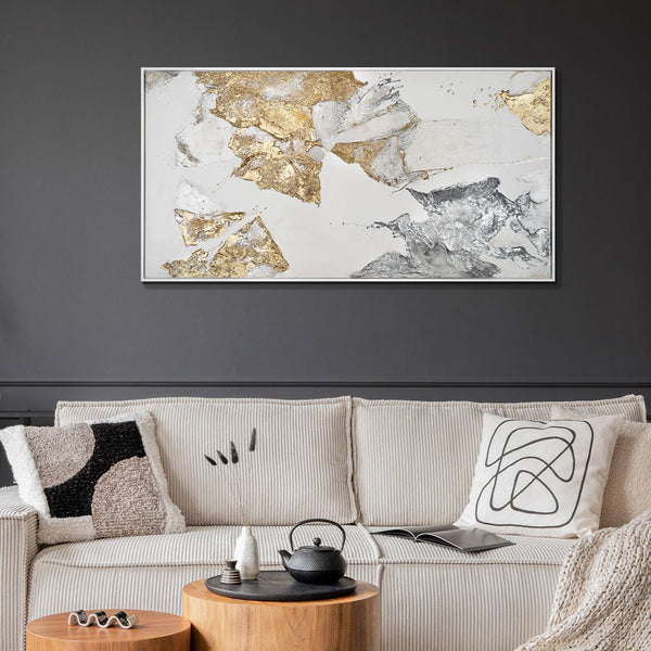 The painting "Minerals of Light" is an abstraction with gold and silver textures.