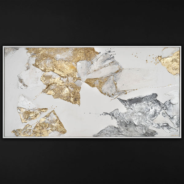 The painting "Minerals of Light" is an abstraction with gold and silver textures.
