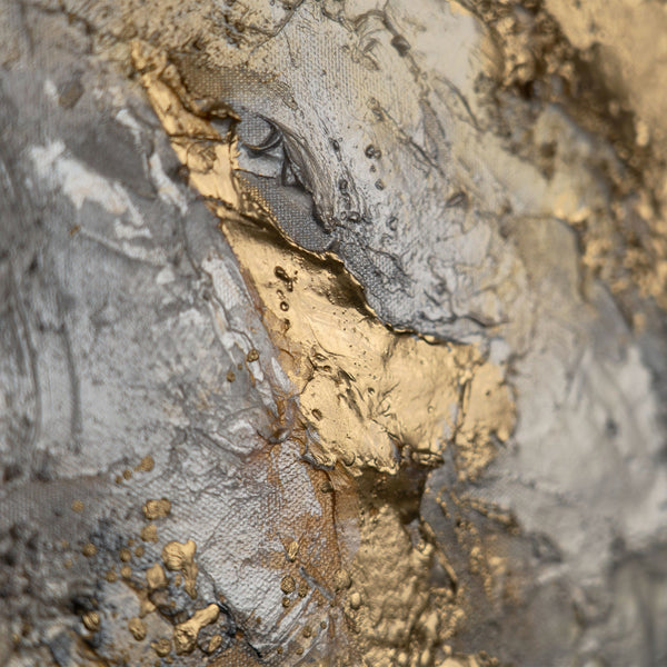 The painting "Morphology of Light" is an abstraction in gold and fog.