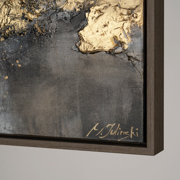 The painting "Morphology of Light" is an abstraction in gold and fog.