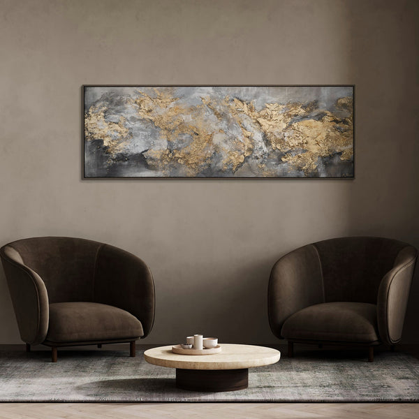 The painting "Morphology of Light" is an abstraction in gold and fog.