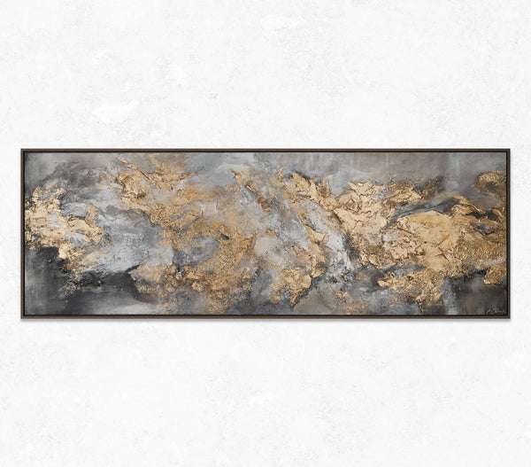 The painting "Morphology of Light" is an abstraction in gold and fog.