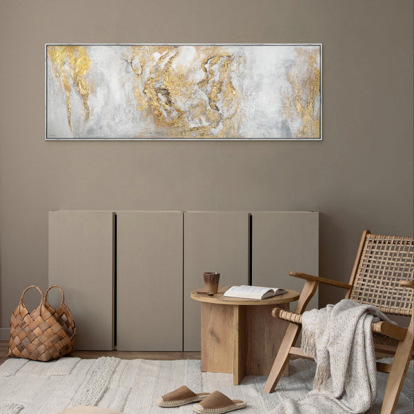The painting "The Serenity of Gold" is a horizontal abstraction with light