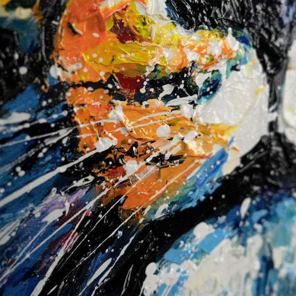 The painting "The King of Color" is an expressive portrait of a lion