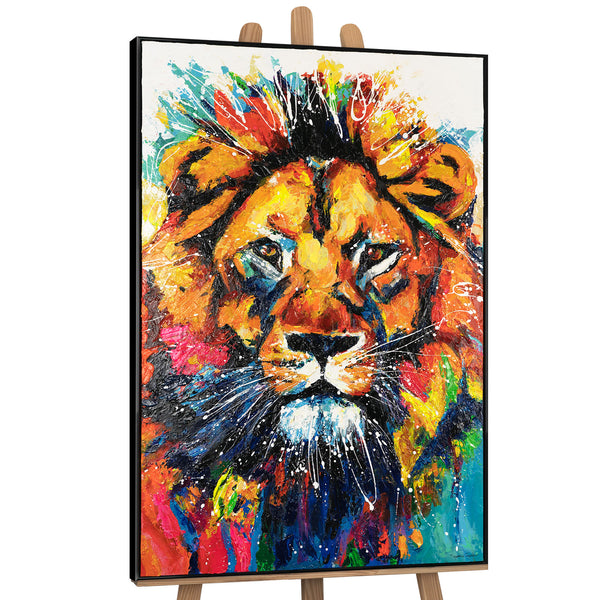 The painting "The King of Color" is an expressive portrait of a lion