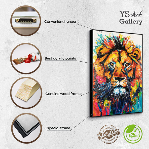 The painting "The King of Color" is an expressive portrait of a lion