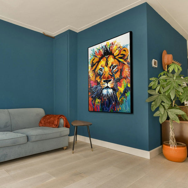 The painting "The King of Color" is an expressive portrait of a lion