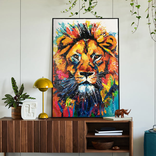The painting "The King of Color" is an expressive portrait of a lion