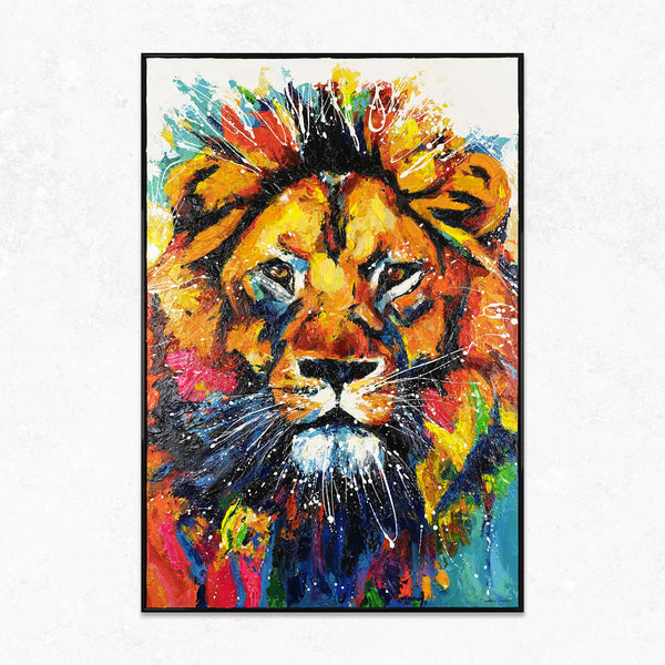 The painting "The King of Color" is an expressive portrait of a lion