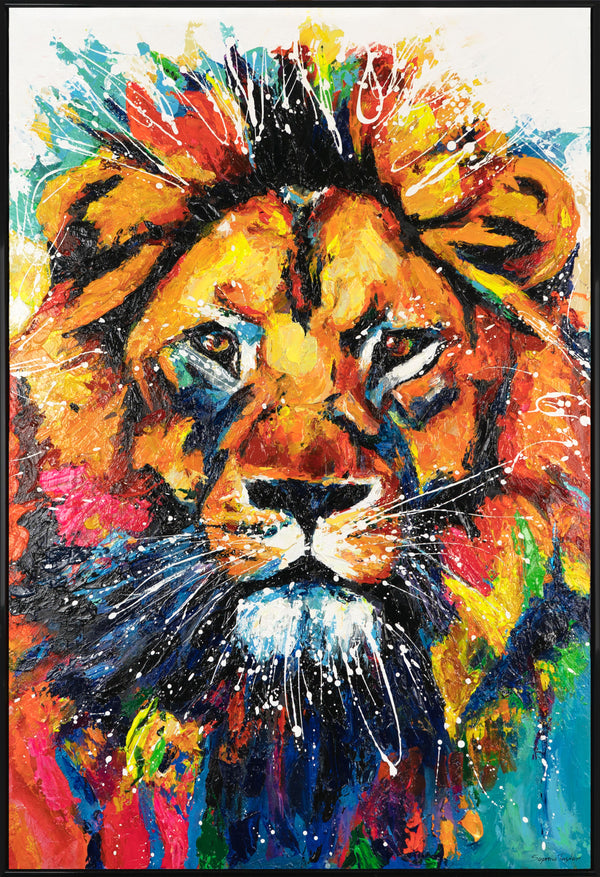 The painting "The King of Color" is an expressive portrait of a lion